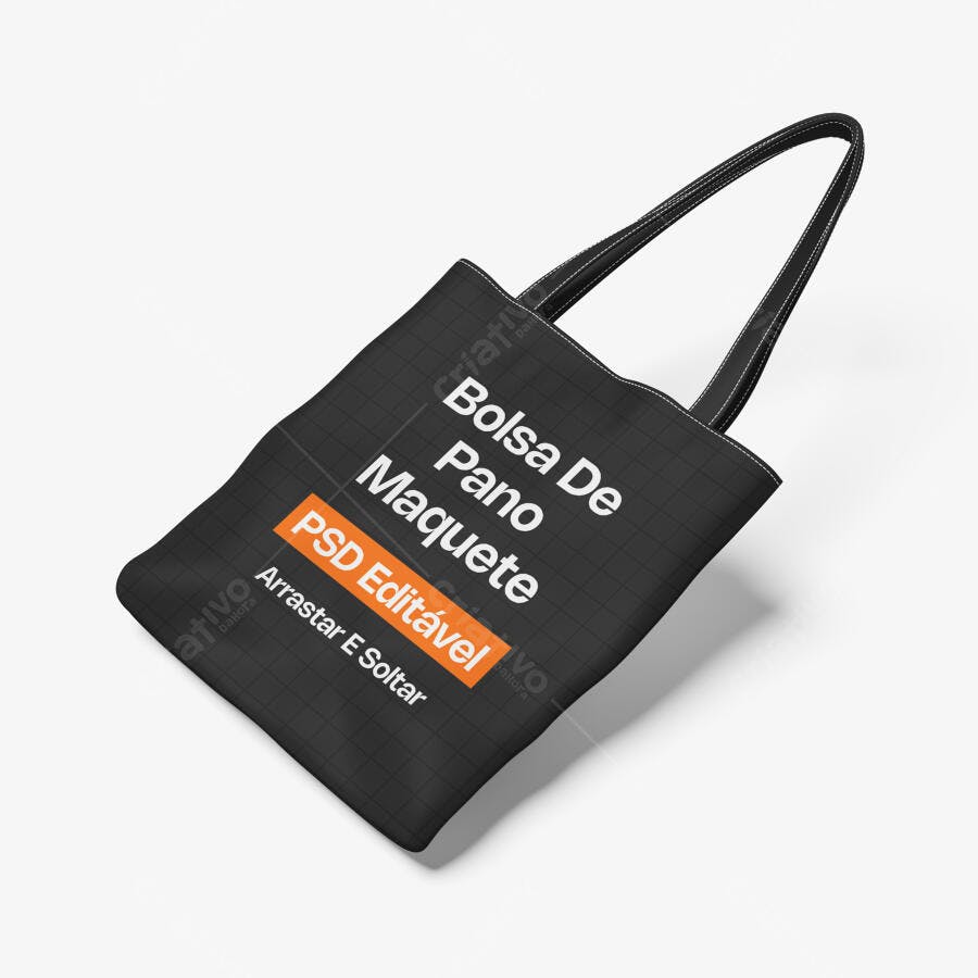 Mockup Bolsa de Pano Preta 3/4 Fundo Branco Editável