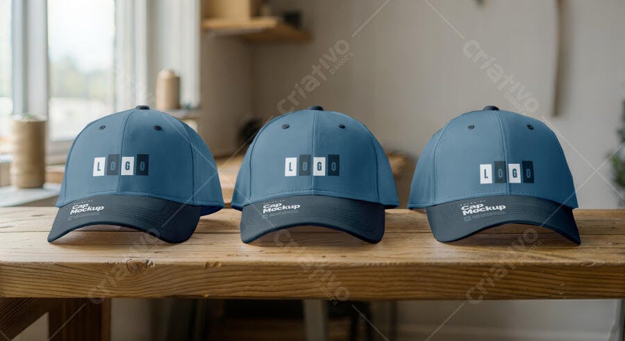Mockup Boné Azul Marinho Três Unidades Mesa Madeira Editável
