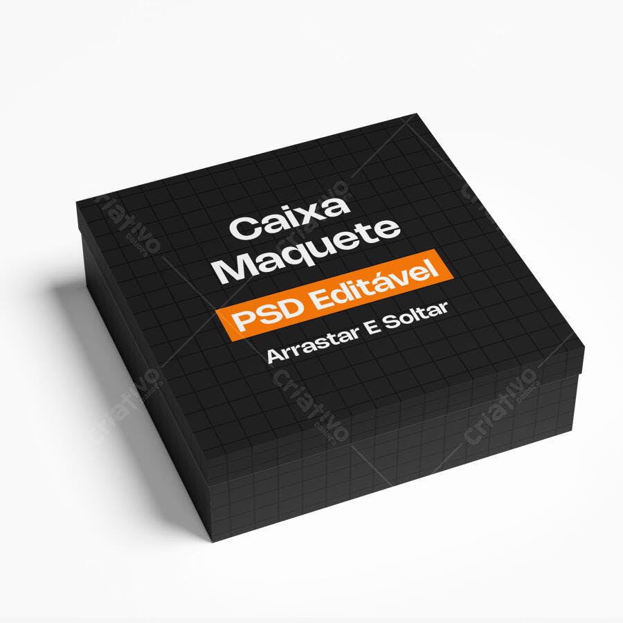 Mockup Caixa Quadrada Preta 3/4 Fundo Branco Editável