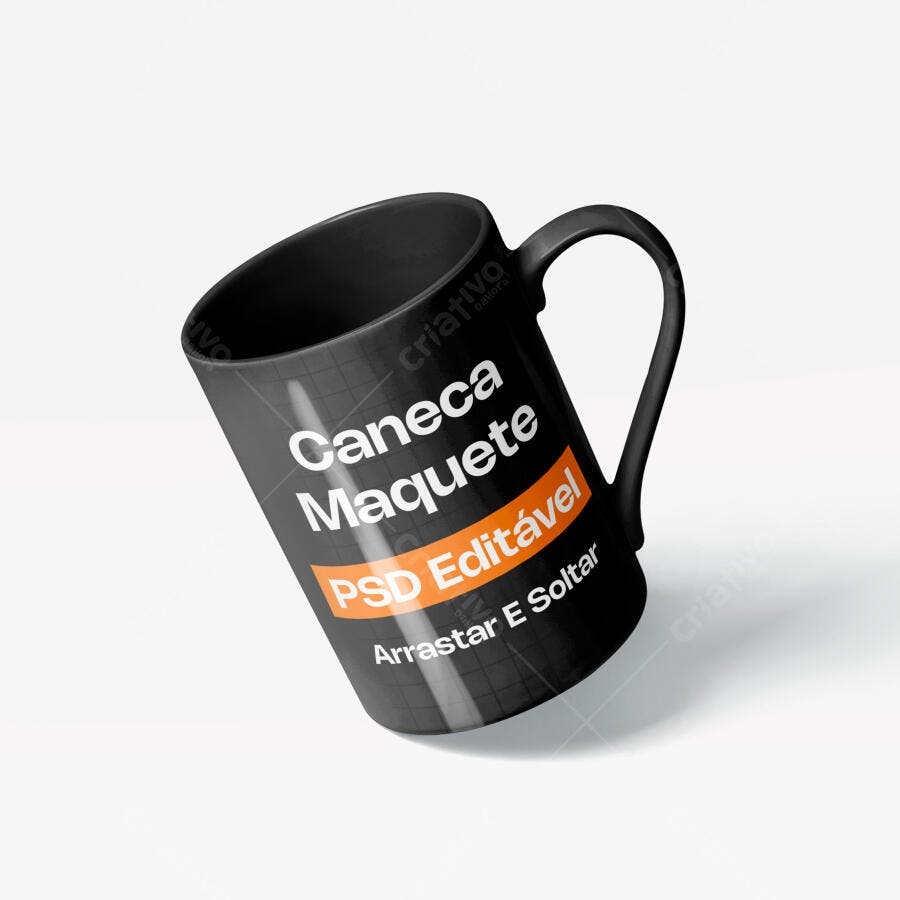 Mockup Caneca Preta Flutuando Fundo Branco Editável