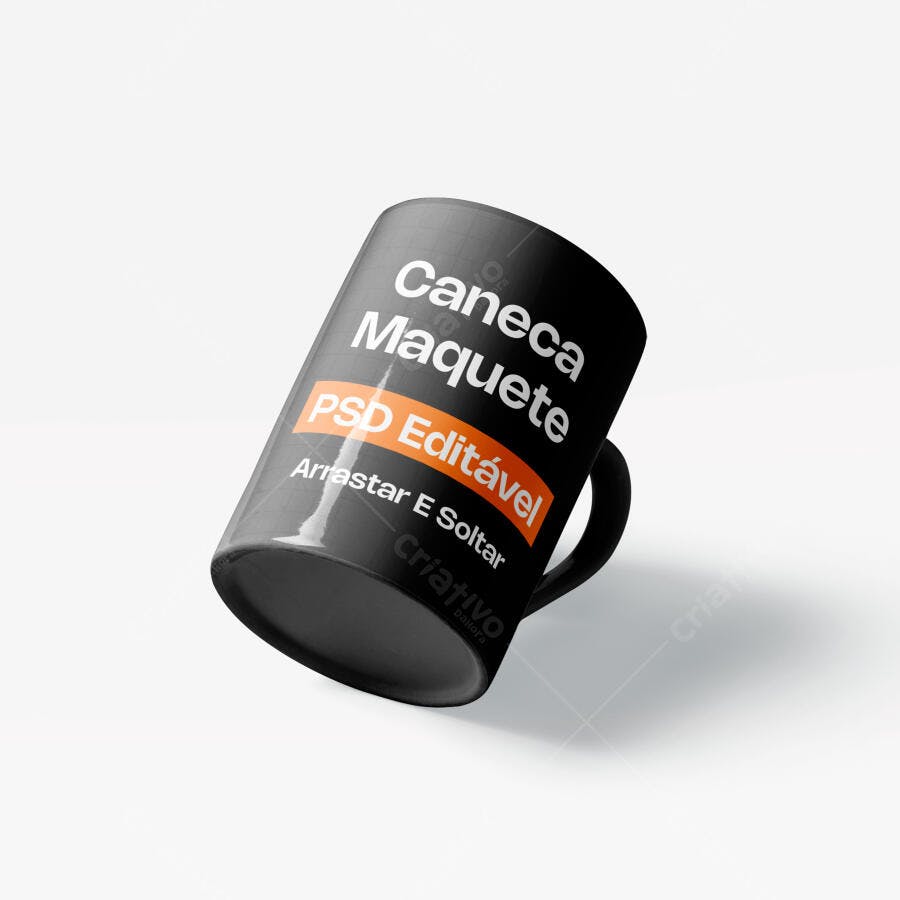 Mockup Caneca Preta Flutuando Fundo Branco Editável
