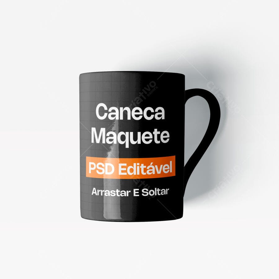 Mockup Caneca Preta Frontal Fundo Branco Editável
