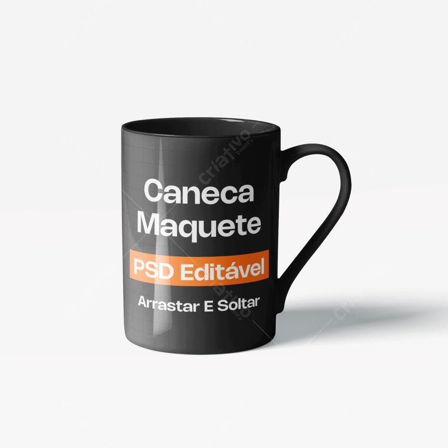 Mockup Caneca Preta Frontal Fundo Branco Editável