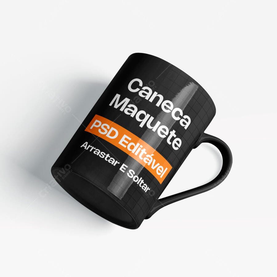 Mockup Caneca Preta Fundo Branco 3/4 Editável