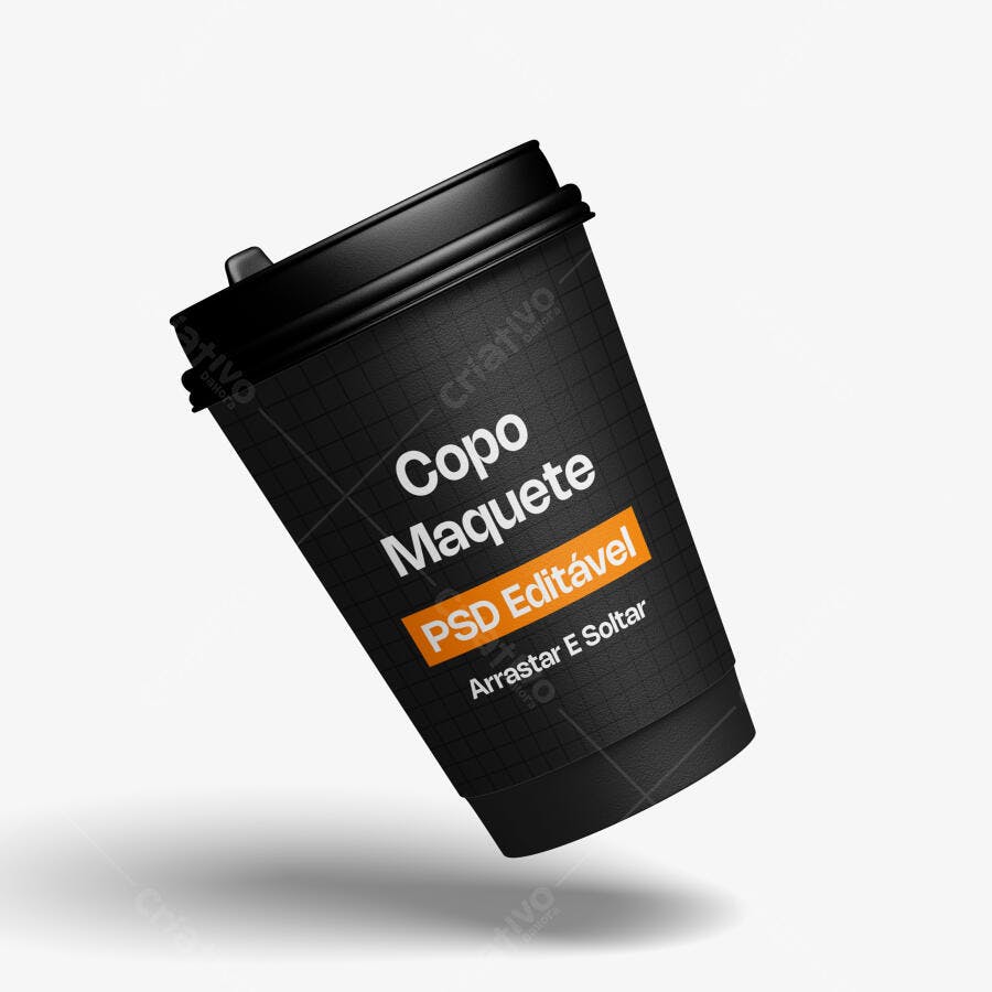 Mockup Copo Café Descartável Flutuando Fundo Branco Editável