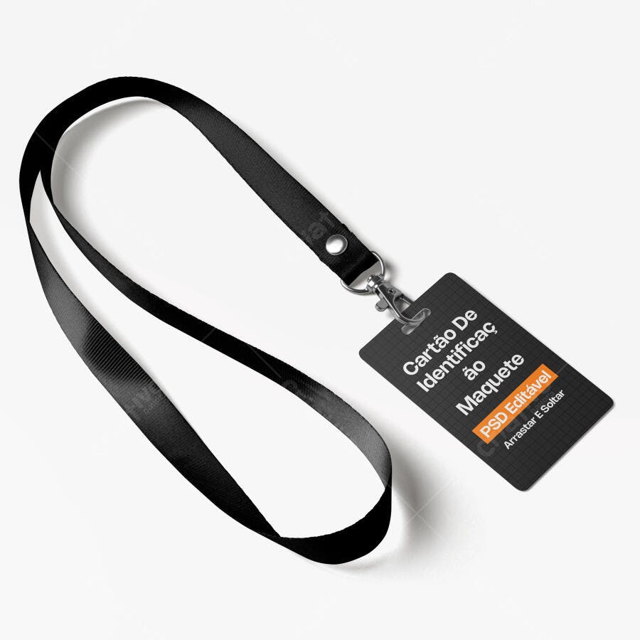 Mockup Crachá Cartão Identificação com Cordão Preto Editável