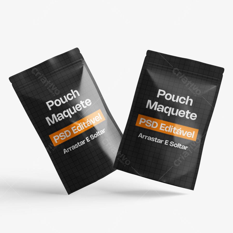 Mockup Embalagem Pouch Flutuante Fundo Branco Editável