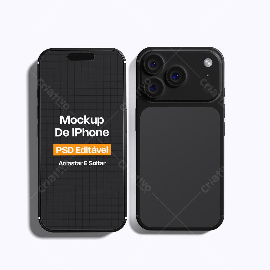 Mockup iPhone Preto Frente e Verso Fundo Branco Editável