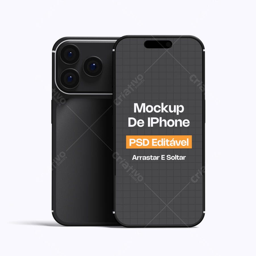 Mockup iPhone Preto Frente e Verso Fundo Branco Editável