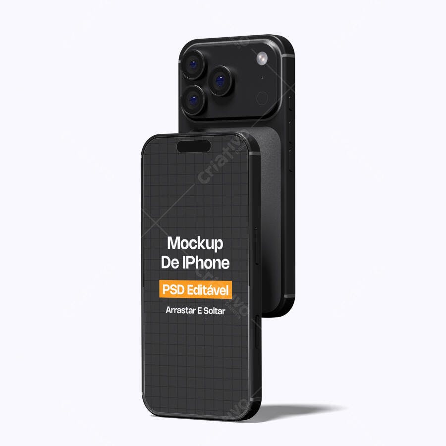 Mockup iPhone Preto Tela Frontal e Traseira Fundo Branco Editável