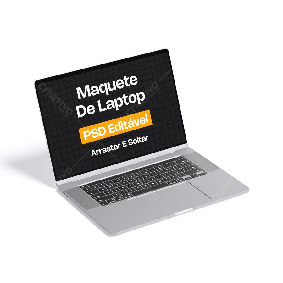 Mockup Notebook Prata 3/4 Fundo Branco Editável