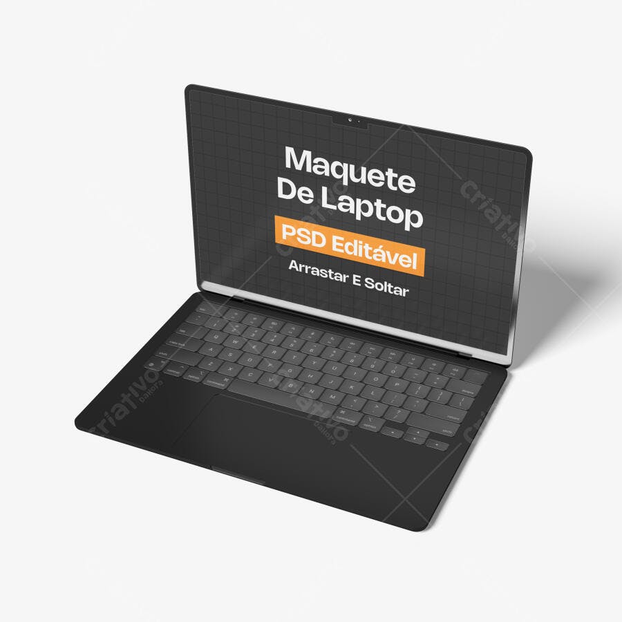 Mockup Notebook Preto 3/4 Fundo Branco Editável