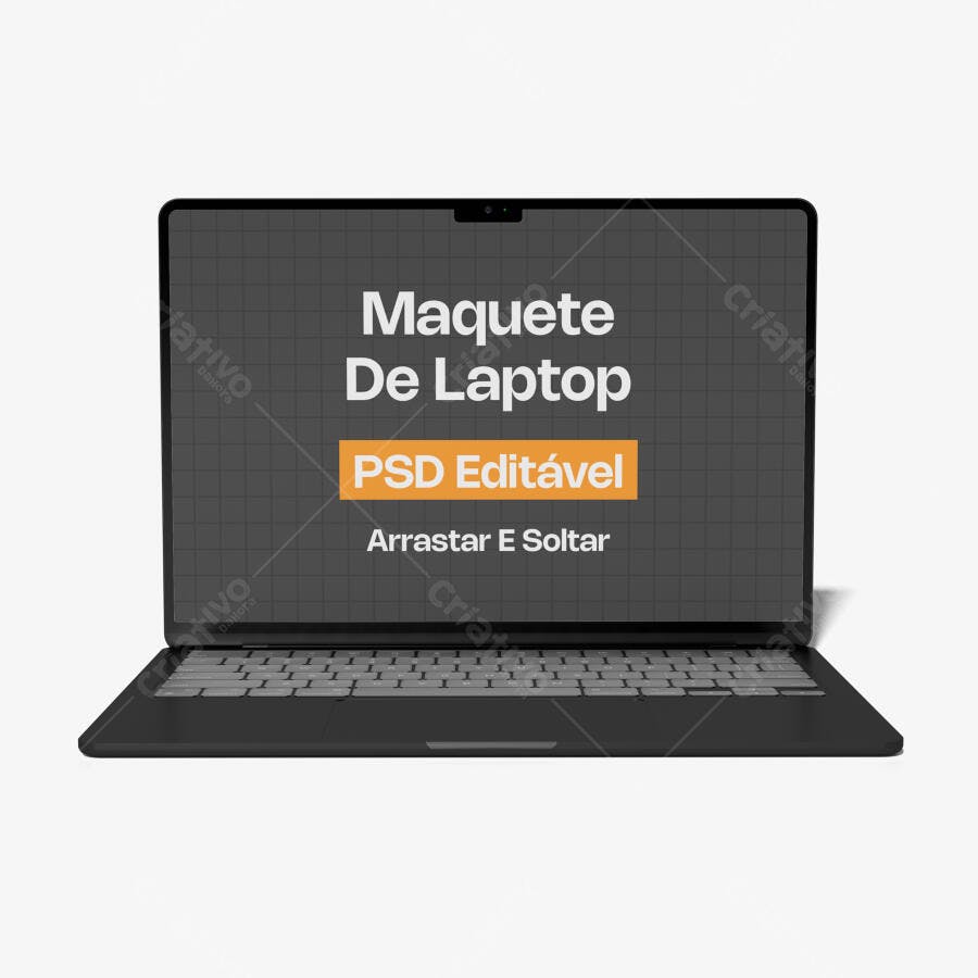 Mockup Notebook Preto Tela Frontal Fundo Branco Editável