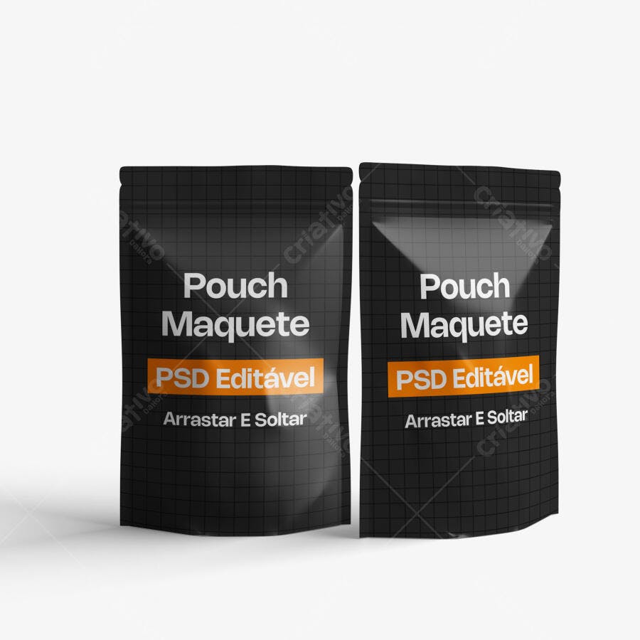 Mockup Pouch Embalagem Stand Up Preto Frontal Editável