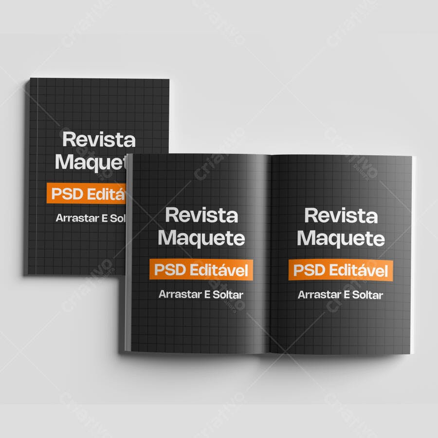 Mockup Revista Aberta e Fechada Fundo Branco Editável