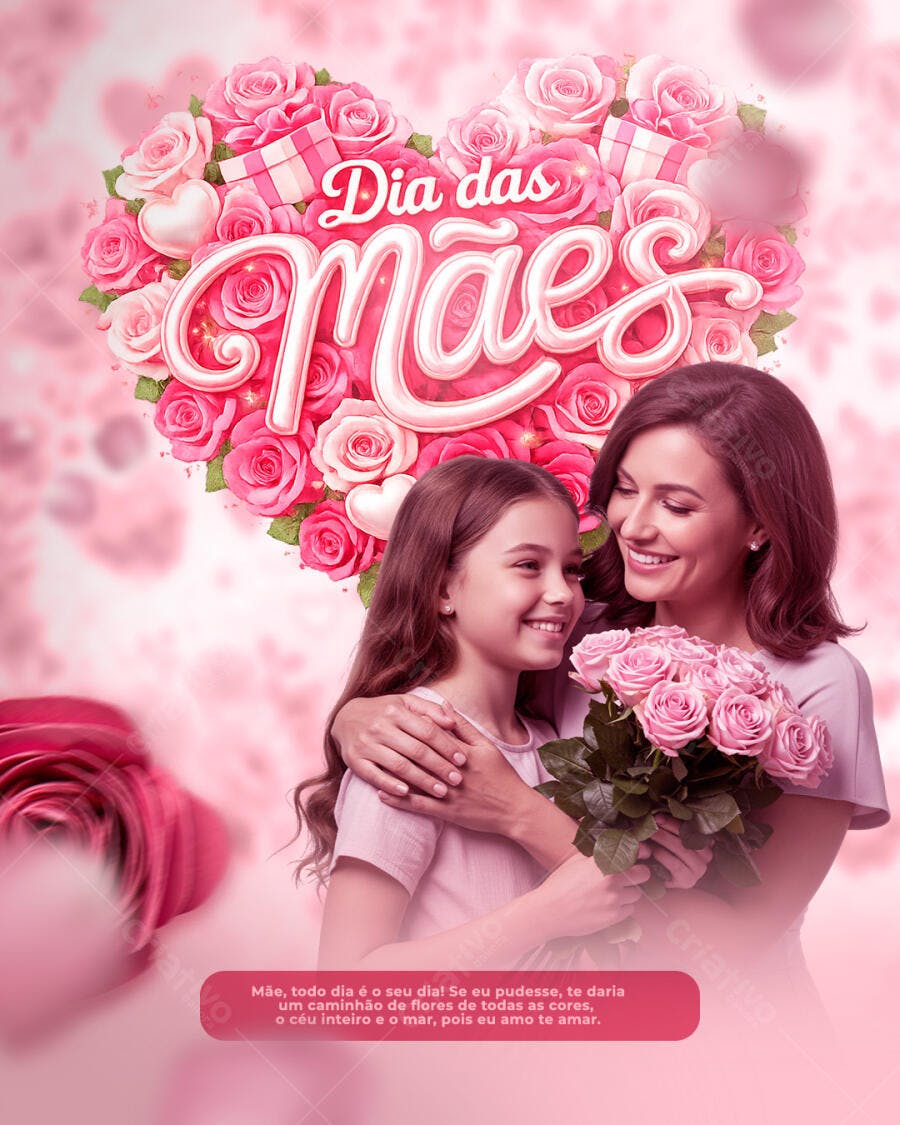 Post Instagram Dia das Mães Rosas Coração PSD Editável