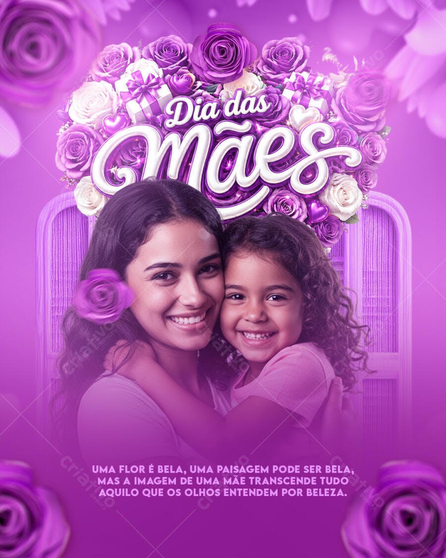 Post Instagram Dia das Mães Rosas Roxas PSD Editável