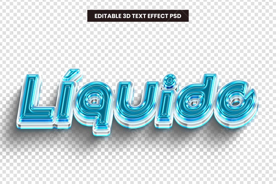 Efeito Texto 3D Líquido Azul Brilhante PSD Editável