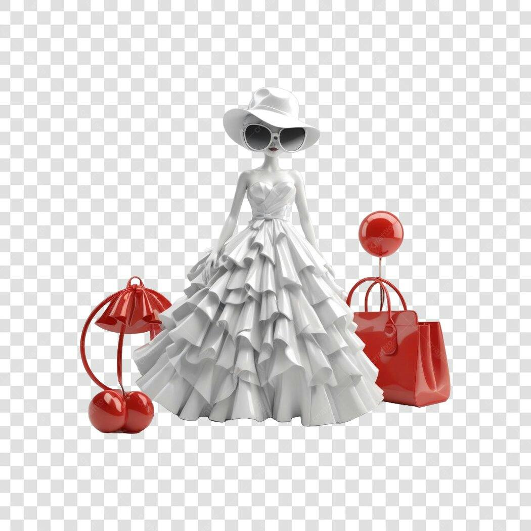 Elemento 3D Boneca Moda Vestido Branco PNG Fundo Transparente