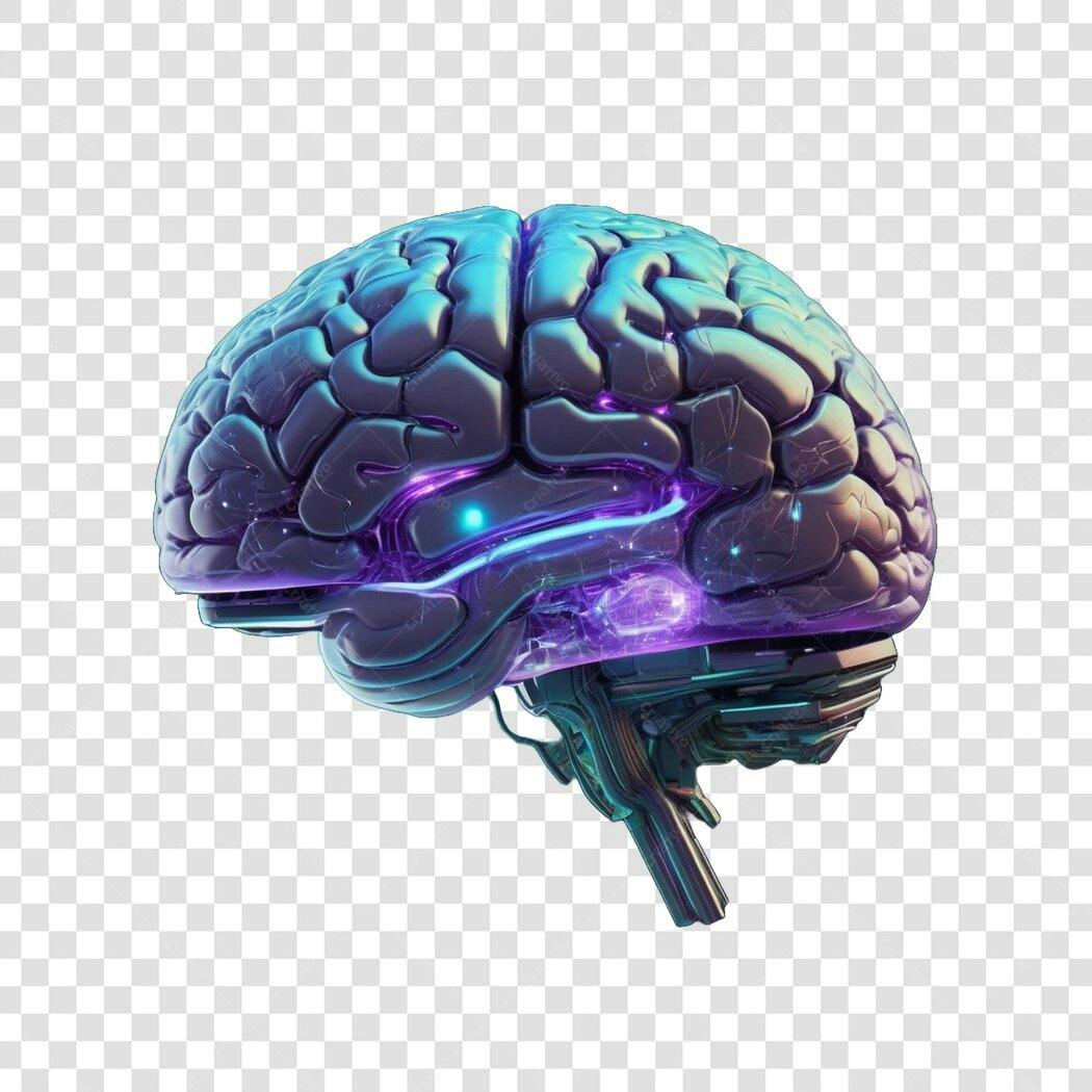 Elemento 3D Cérebro Tecnológico Azul Roxo PNG Fundo Transparente