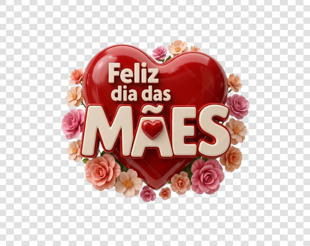 Elemento 3D Coração Dia das Mães Maio PNG Fundo Transparente
