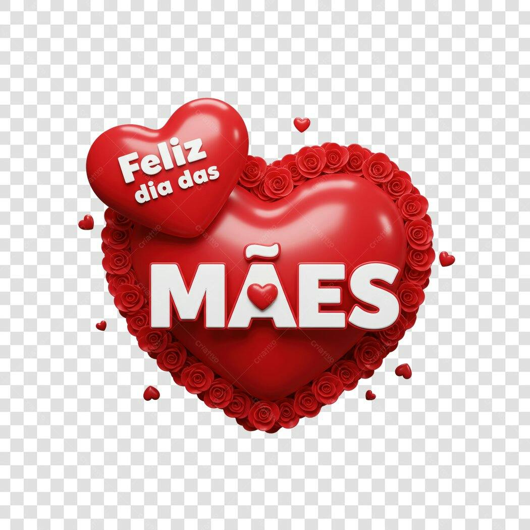 Elemento 3D Coração Dia das Mães Maio PNG Fundo Transparente