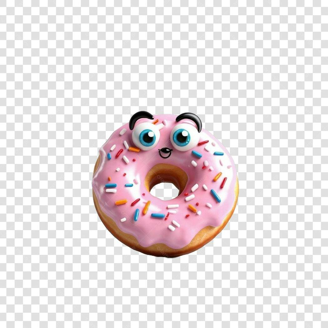 Elemento 3D Donut Rosa com Olhos e Granulado PNG Fundo Transparente