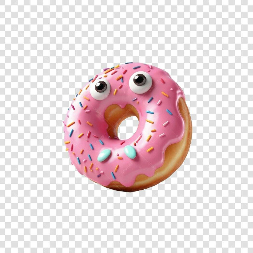 Elemento 3D Donut Rosa com Olhos e Granulado PNG Fundo Transparente