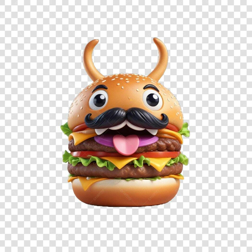 Elemento 3D Hambúrguer Engraçado Bigode Chifres PNG Fundo Transparente