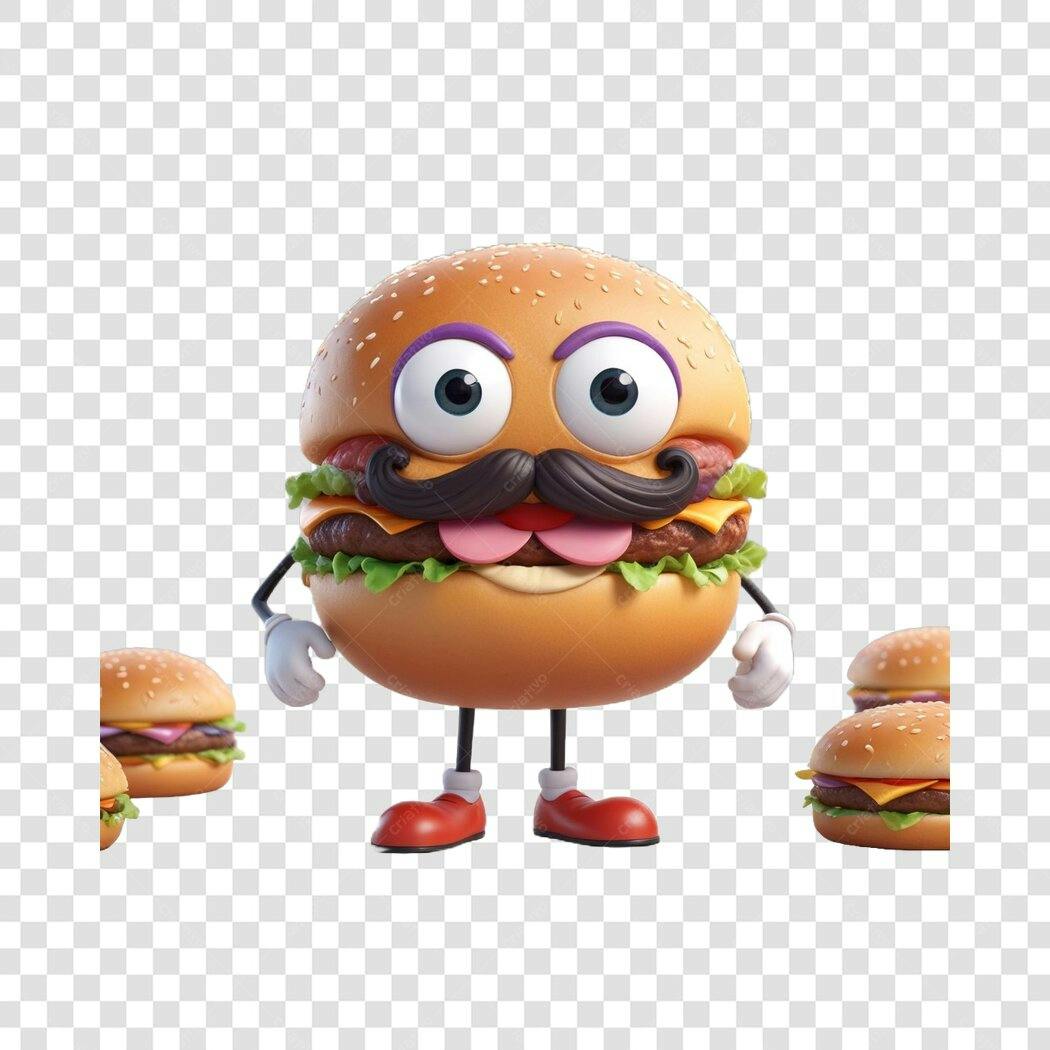 Elemento 3D Hambúrguer Personagem Bigode PNG Fundo Transparente
