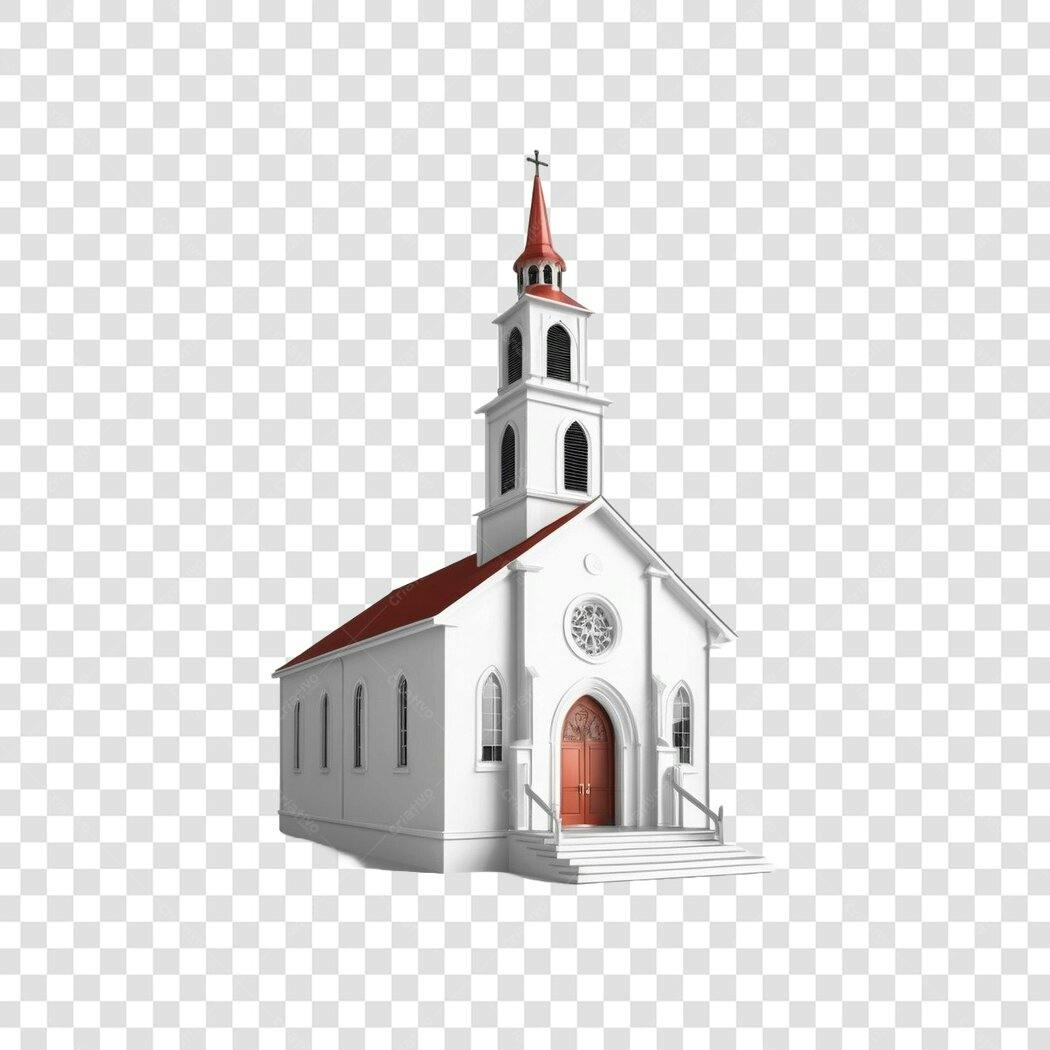 Elemento 3D Igreja Branca Telhado Vermelho PNG Fundo Transparente