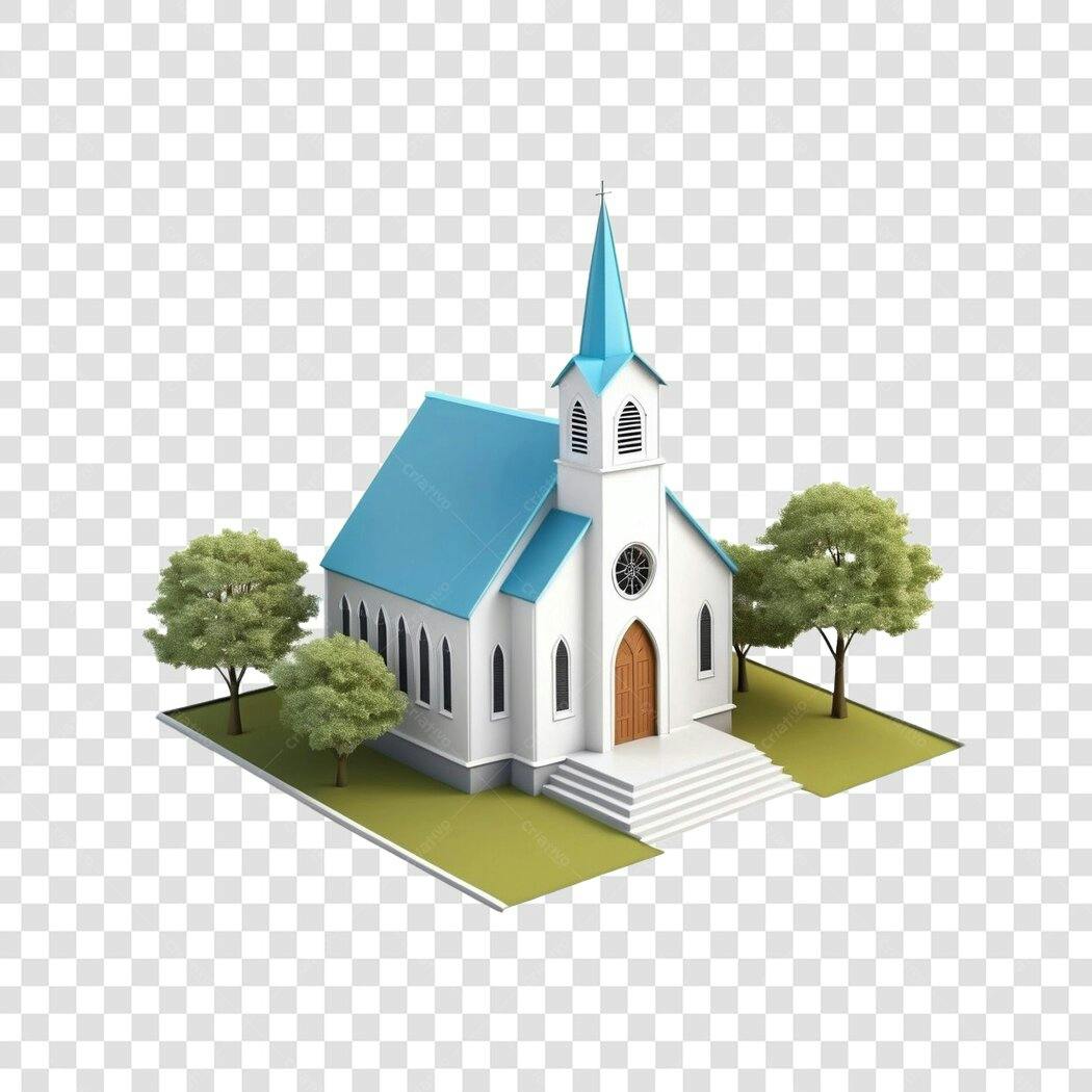 Elemento 3D Igreja Cristã Branca Telhado Azul PNG Fundo Transparente