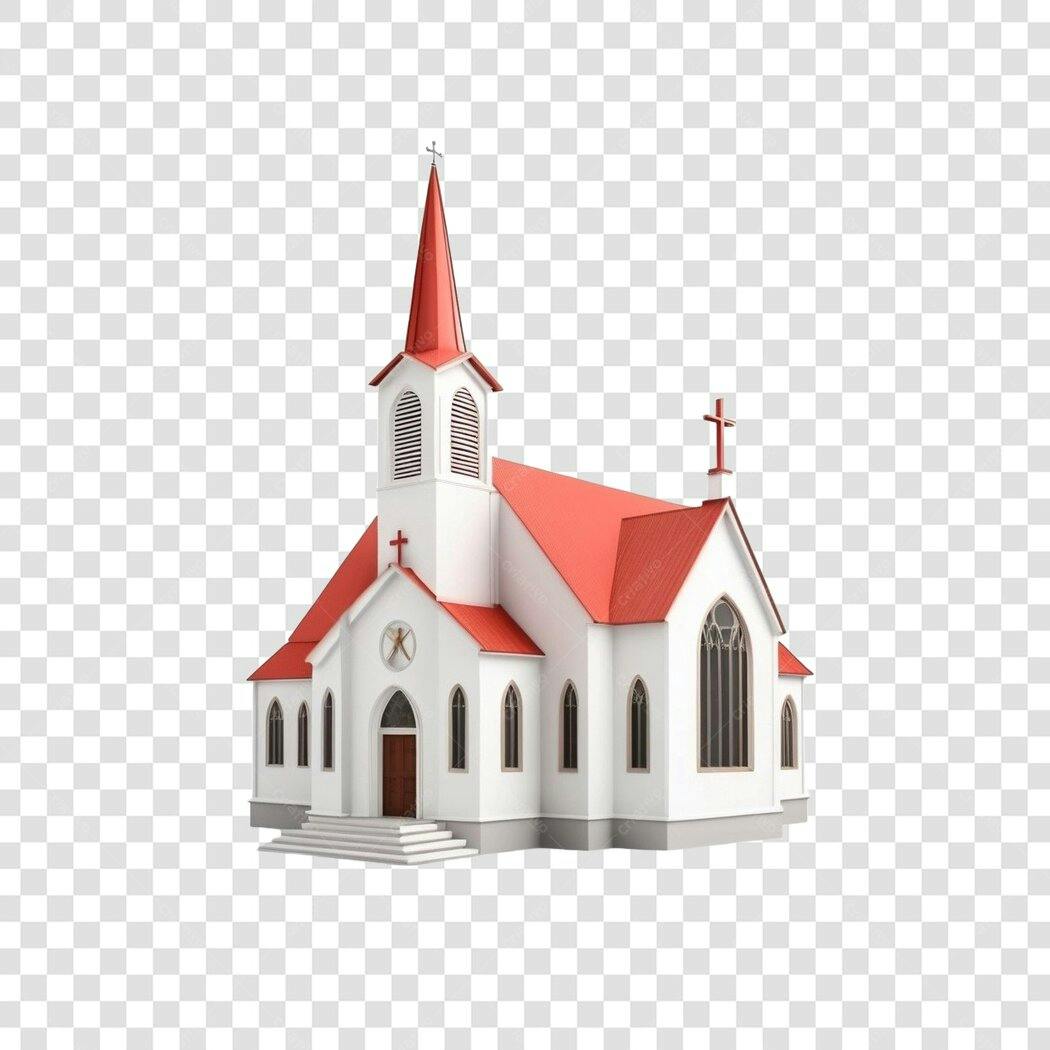 Elemento 3D Igreja Cristã Branca Telhado Vermelho PNG Fundo Transparente