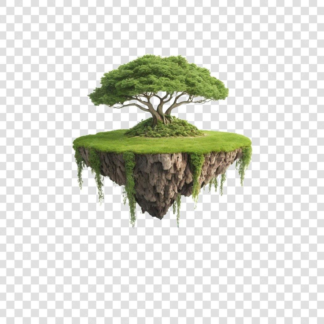 Elemento 3D Ilha Flutuante Árvore Verde PNG Fundo Transparente