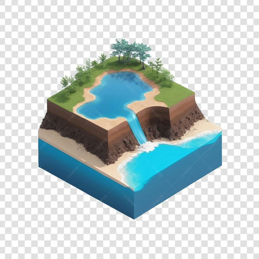 Elemento 3D Ilha Flutuante Cachoeira Praia PNG Fundo Transparente