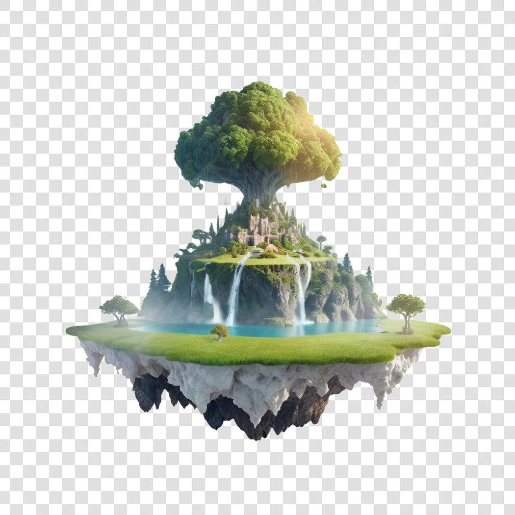 Elemento 3D Ilha Flutuante Fantasia Castelo Árvore PNG Fundo Transparente