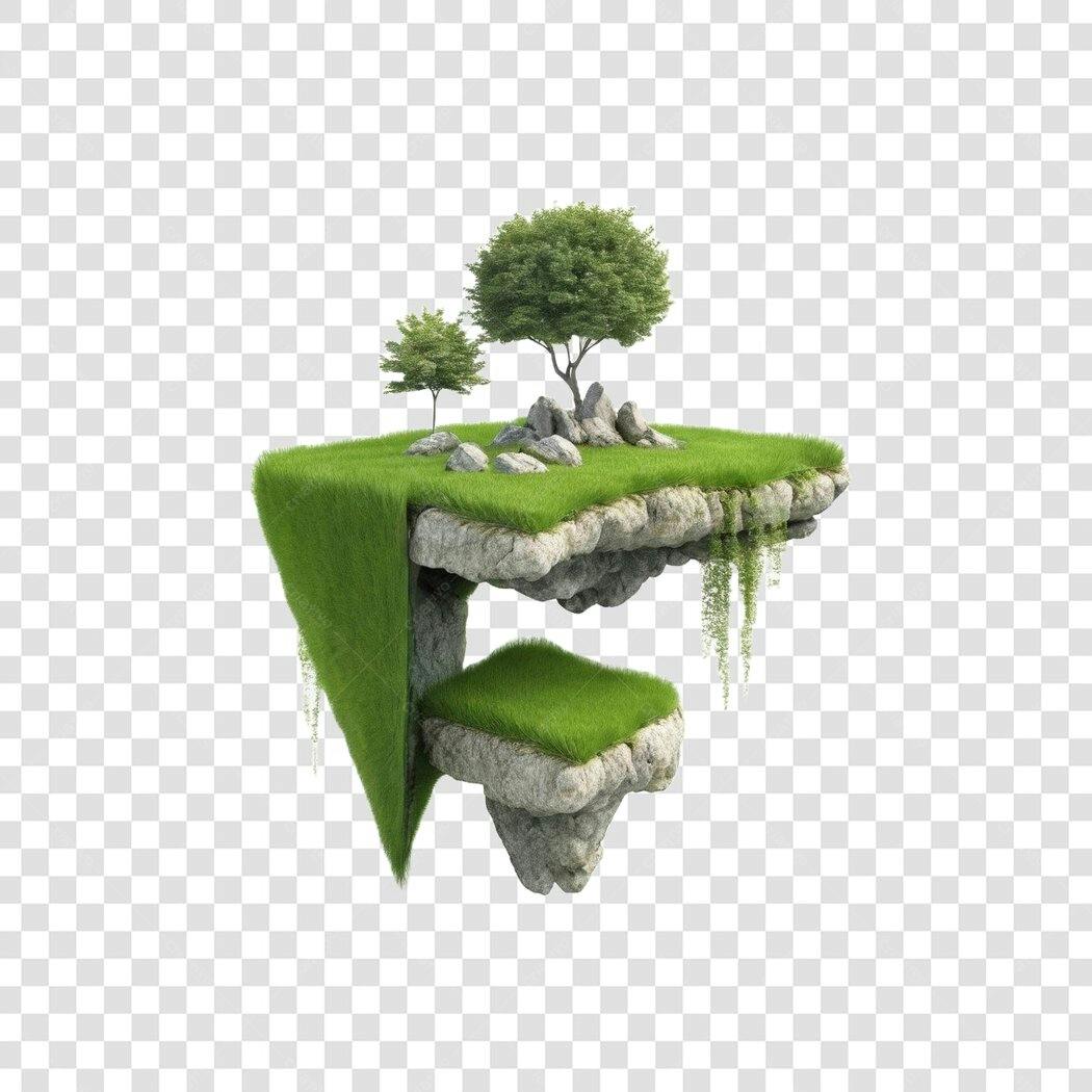 Elemento 3D Ilha Flutuante Grama Árvores PNG Fundo Transparente