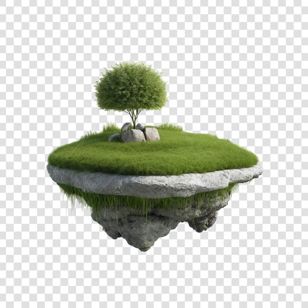 Elemento 3D Ilha Flutuante Grama e Árvore PNG Fundo Transparente