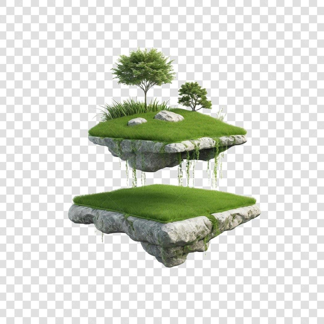 Elemento 3D Ilha Flutuante Grama Natureza PNG Fundo Transparente