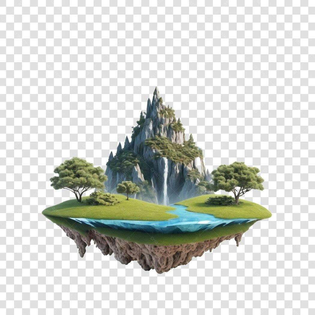 Elemento 3D Ilha Flutuante Montanha Cachoeira PNG Fundo Transparente