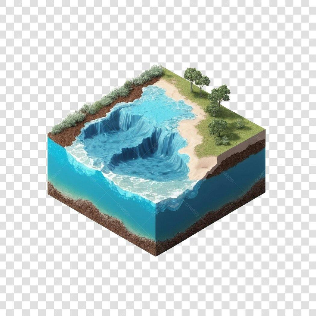 Elemento 3D Ilha Tropical Cachoeira Praia PNG Fundo Transparente