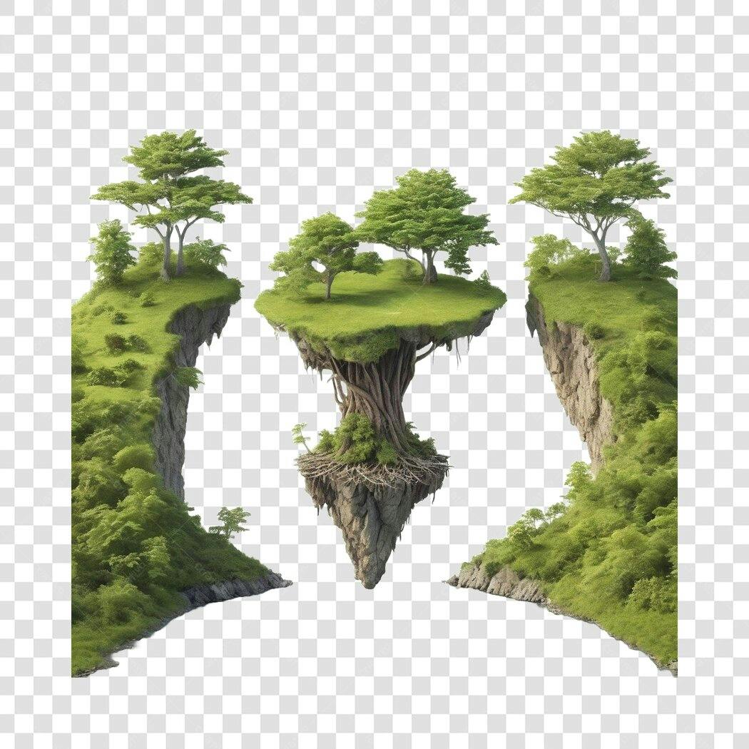 Elemento 3D Ilhas Flutuantes Verdes PNG Fundo Transparente