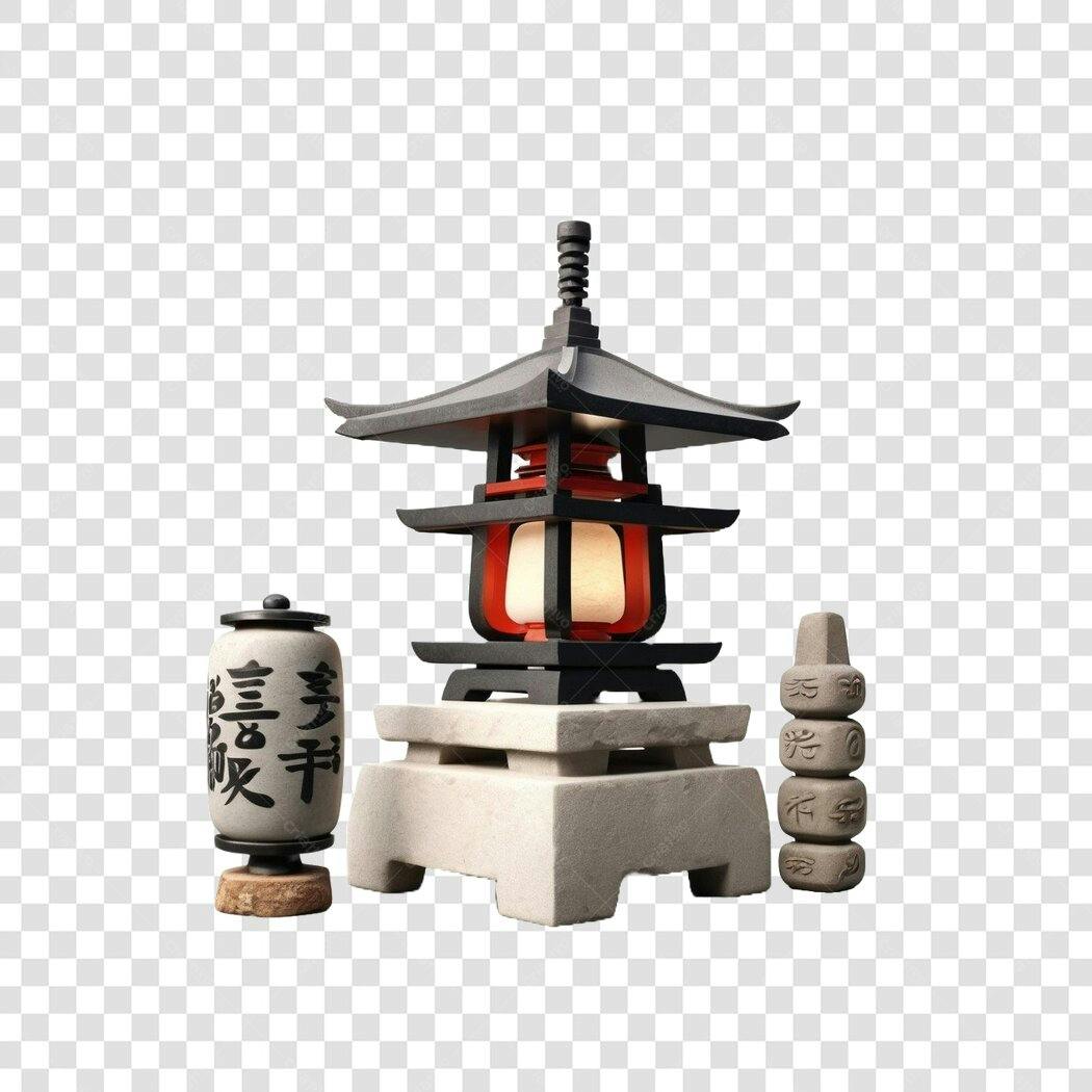 Elemento 3D Lanterna Japonesa Pagode Pedra PNG Fundo Transparente