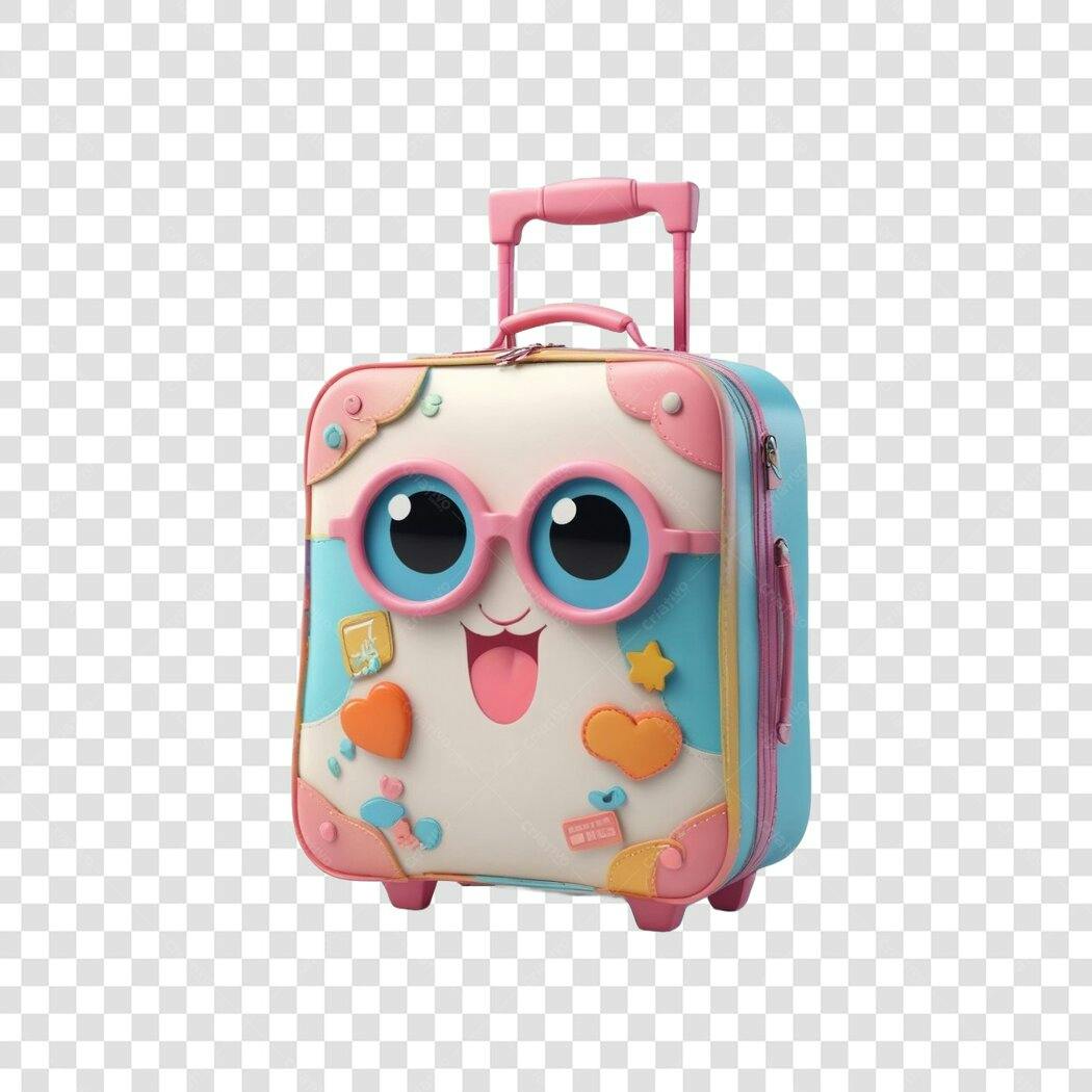 Elemento 3D Mala de Viagem Infantil Rosa Azul PNG Fundo Transparente