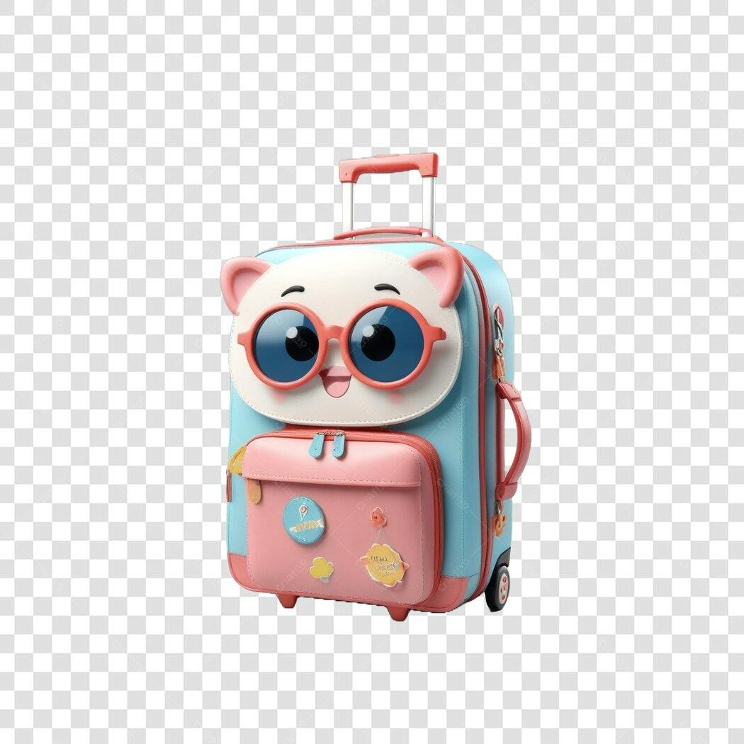 Elemento 3D Mala Infantil Gato Óculos Rosa Azul PNG Fundo Transparente