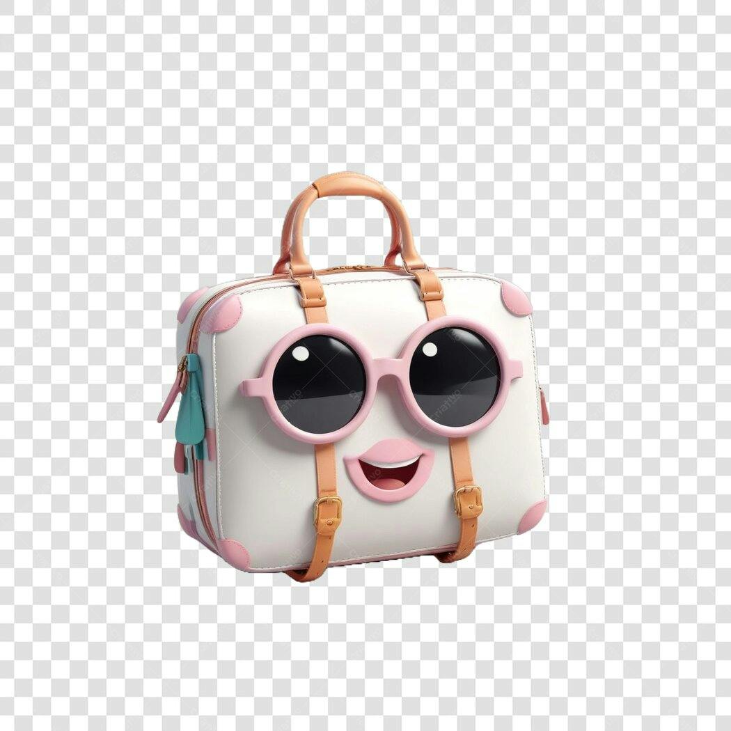 Elemento 3D Mala Viagem Rosa Sorrindo PNG Fundo Transparente