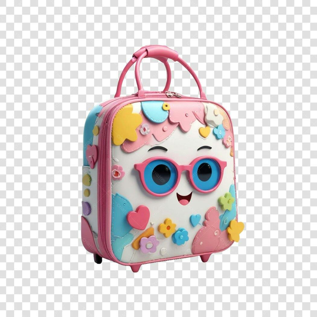 Elemento 3D Maleta Infantil Rosa Azul Flores PNG Fundo Transparente