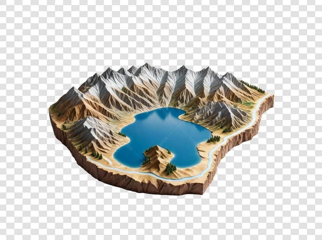 Elemento 3D Mapa Montanhas Lago Azul PNG Fundo Transparente
