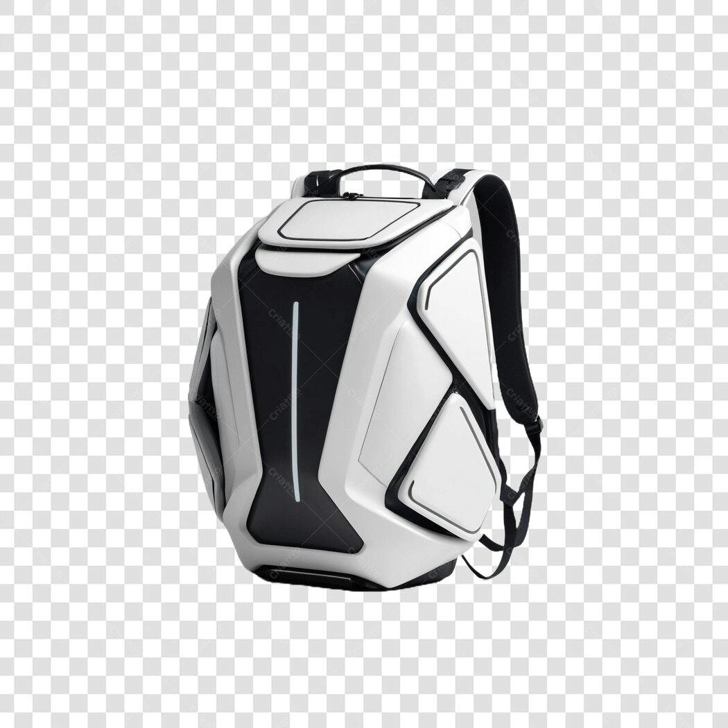 Elemento 3D Mochila Tecnológica Branca Preta PNG Fundo Transparente