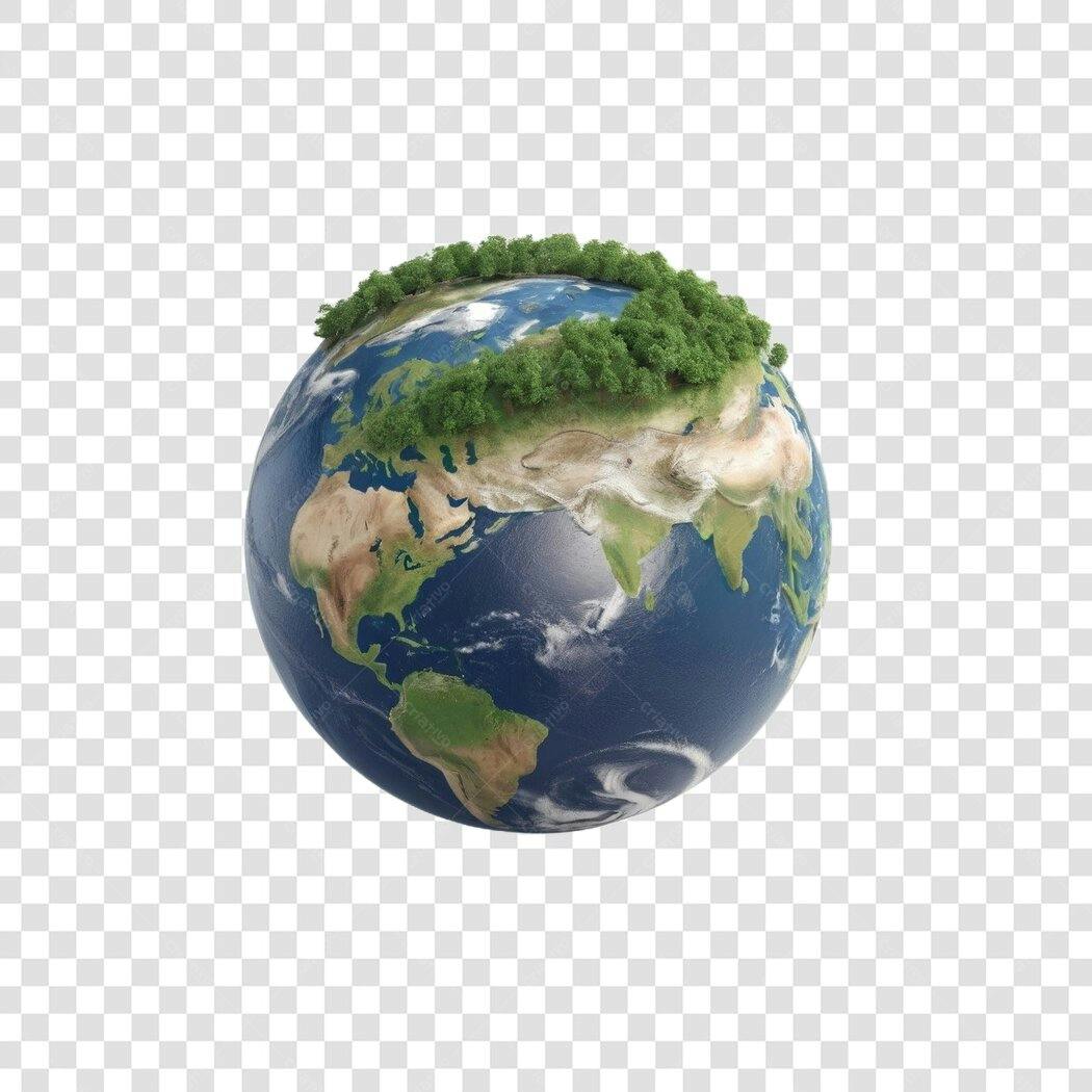 Elemento 3D Planeta Terra Árvores Verdes PNG Fundo Transparente